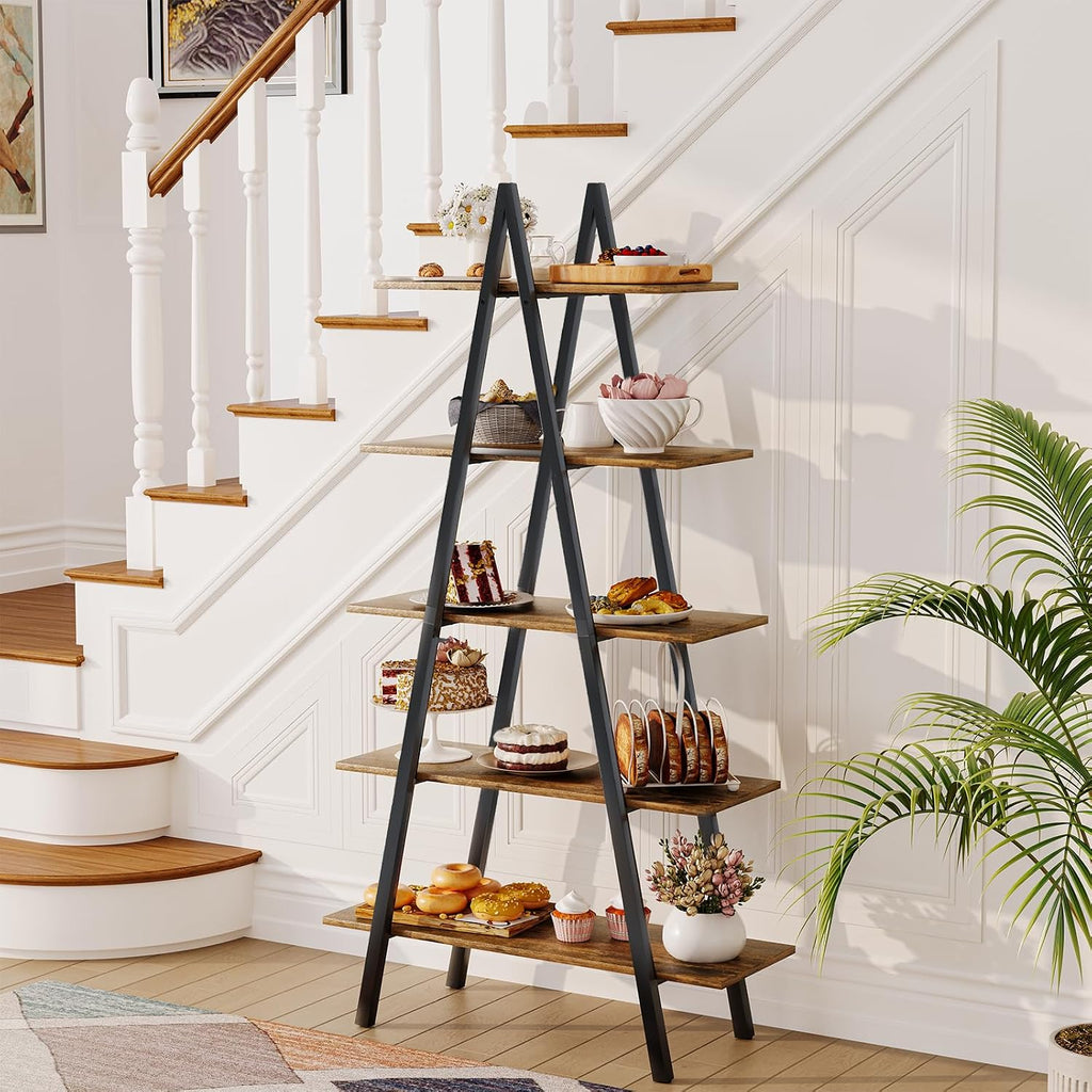 YOUDENOVA 5-Tier Ladder Bookshelf, Industrial A-Shaped Bookcase, Christmas Village Display Stand, Tall Ladder Shelf Storage Organizer for Living Room, Home Office, Black