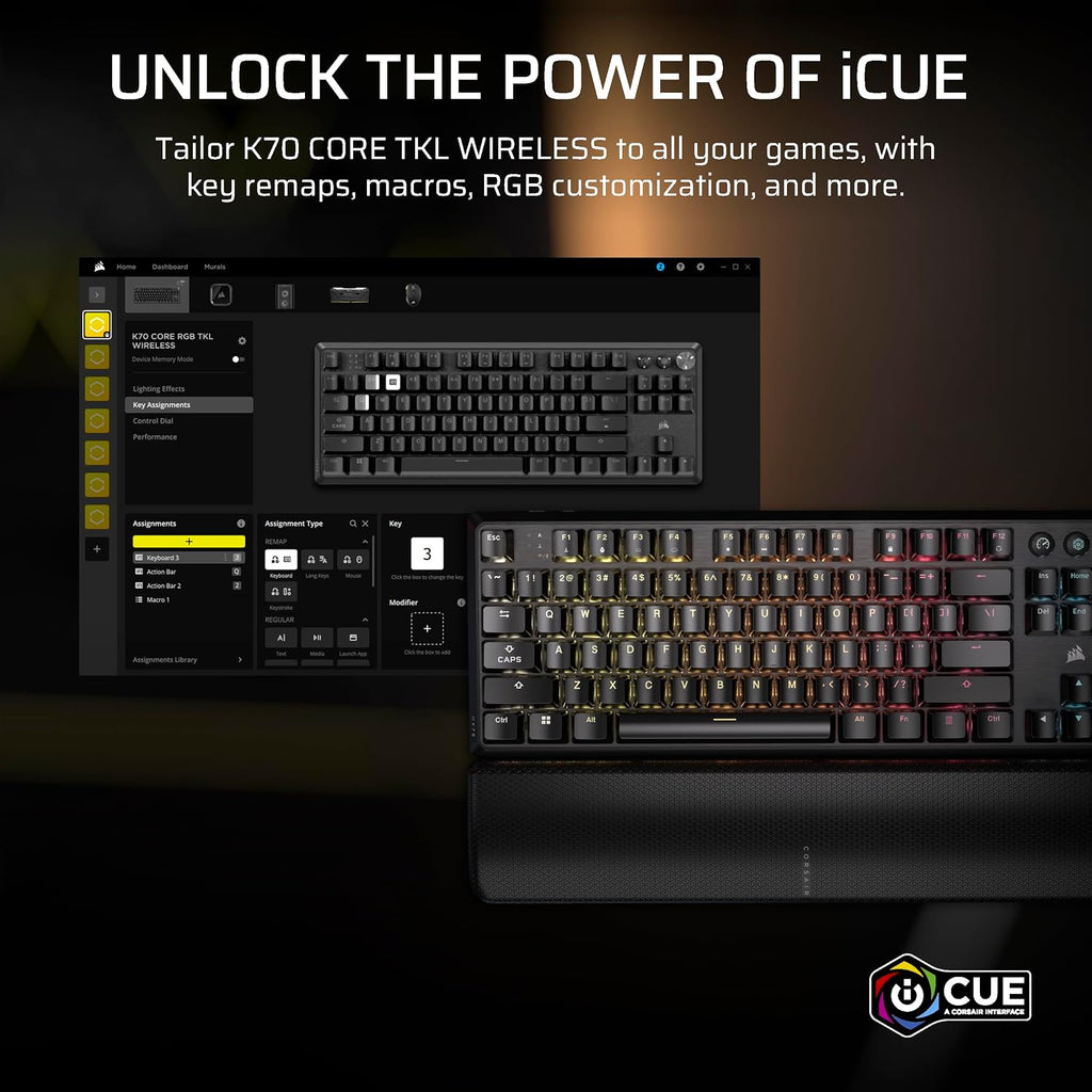Corsair K70 CORE TKL Wireless RGB Tenkeyless Mechanical Gaming Keyboard – Pre-Lubed MLX Red v2 Linear Switches, SOCD, ABS Double-Shot Keycaps, Sound Dampening, 1000Hz Polling, QWERTY NA – Black