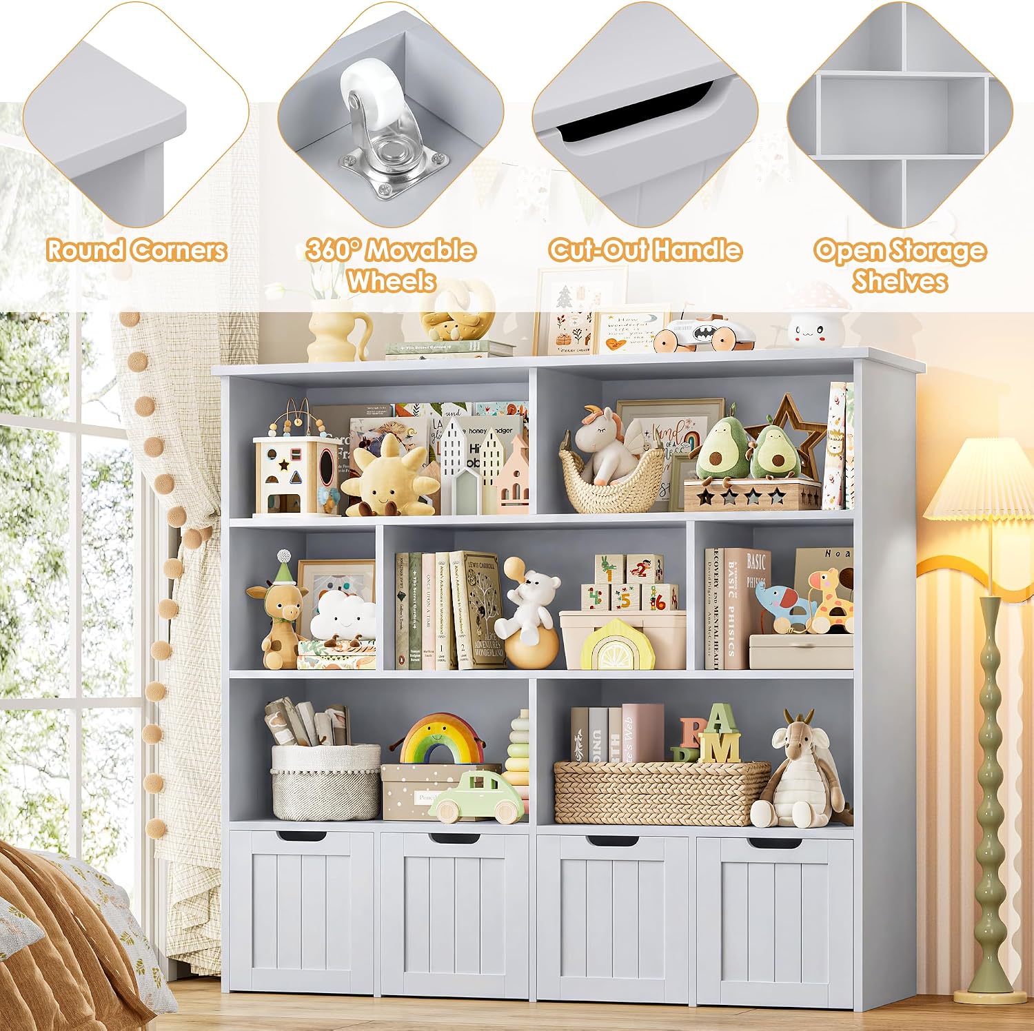 FINETONES Toy Storage Organizer, Kids Bookshelf with 4 Movable Chests and 7 Storage Cubes, Toy Chest Storage Shelf Organizer with Hidden Wheels, Toy Organizers and Toy Storage, Grey
