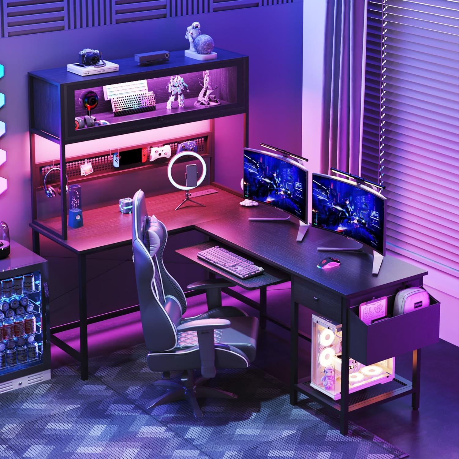 L Shaped Gaming Desk with Power Outlets & LED Lights, 49'' Reversible Computer Desk with Hutch & Pegboard & Display Cabinet, Corner Home Office Desk with Drawer & Keyboard Tray & Storage Bag, Black