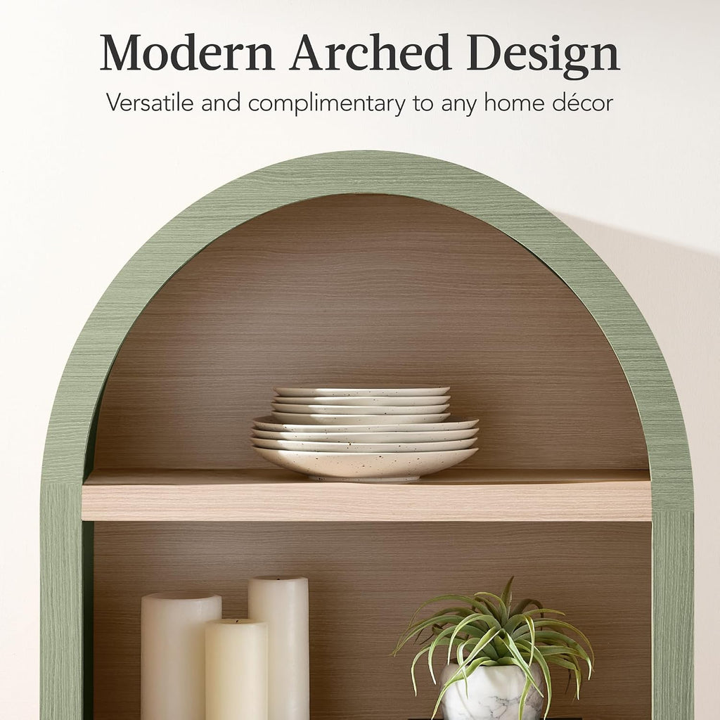 Best Choice Products 72' Tall Arched Pantry Cabinet w/Reeded Doors, 5-Tier Bookshelf, Armoire, Hutch, Bookcase, Storage Cabinet w/Adjustable Shelves, for Dining Room and Livingroom - Sage