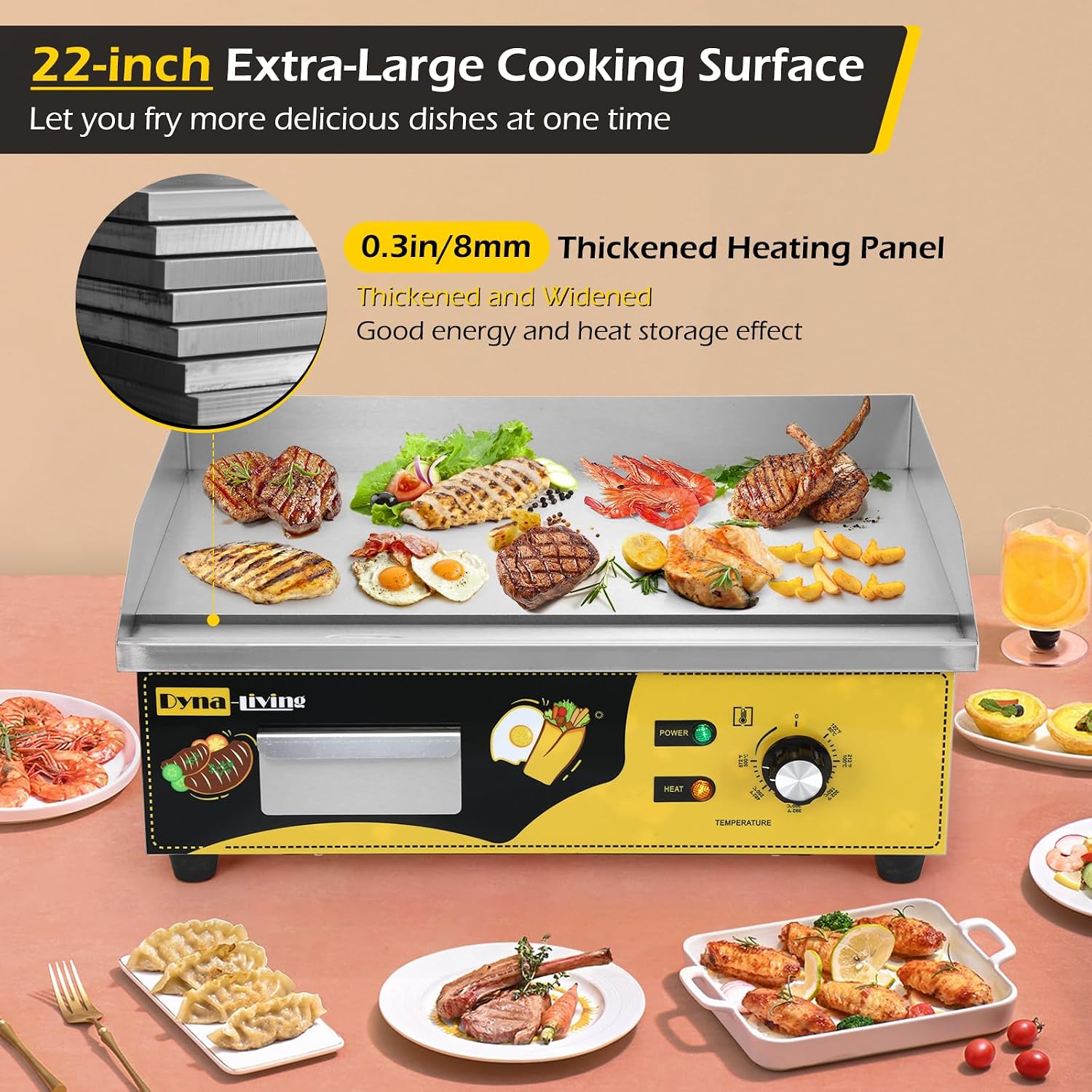 Dyna-Living Commercial Electric Griddle 22'' Stainless Steel Countertop Griddle 3000W 110V Flat top Grill Electric for Home Kitchen, Restaurant, 122℉-572℉ Temperature Adjustable