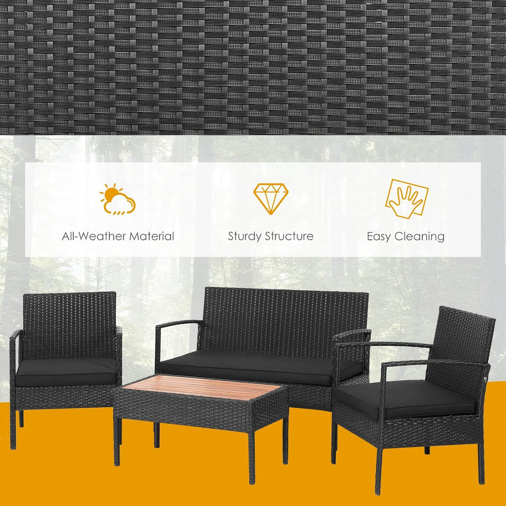 Tangkula 8 Piece Patio Rattan Conversation Set, Outdoor Wicker Sofa Furniture with Loveseat & 2 Single Chairs, Acacia Wood Tabletop, Outside Sectional for Poolside, Deck, Garden (2, Black)