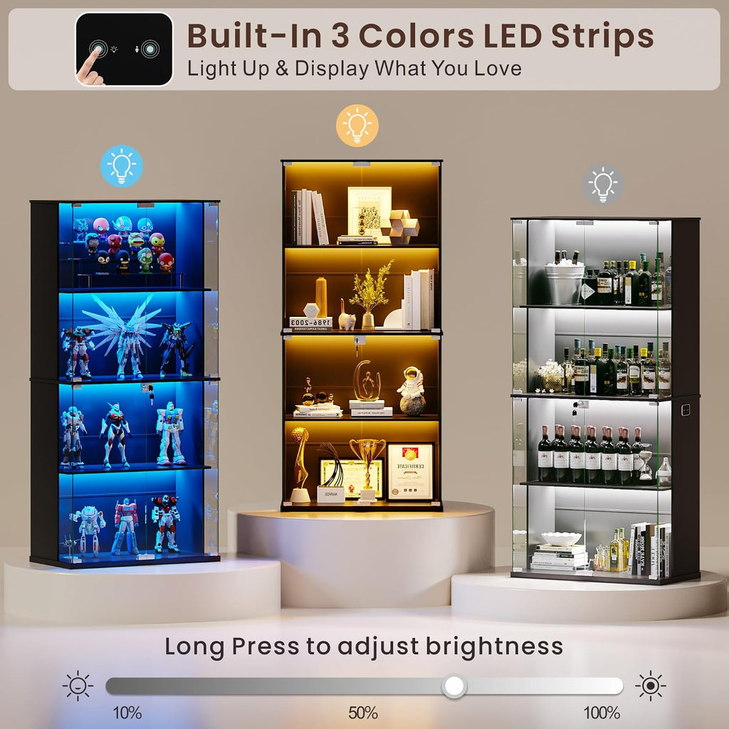 Display Cabinet with Glass Door,Lighted 4-Tier Curio Cabinet with3 Color Lights for Collectibles Bookcases,66' Lockable Display Case with Human Body Sensor,Black