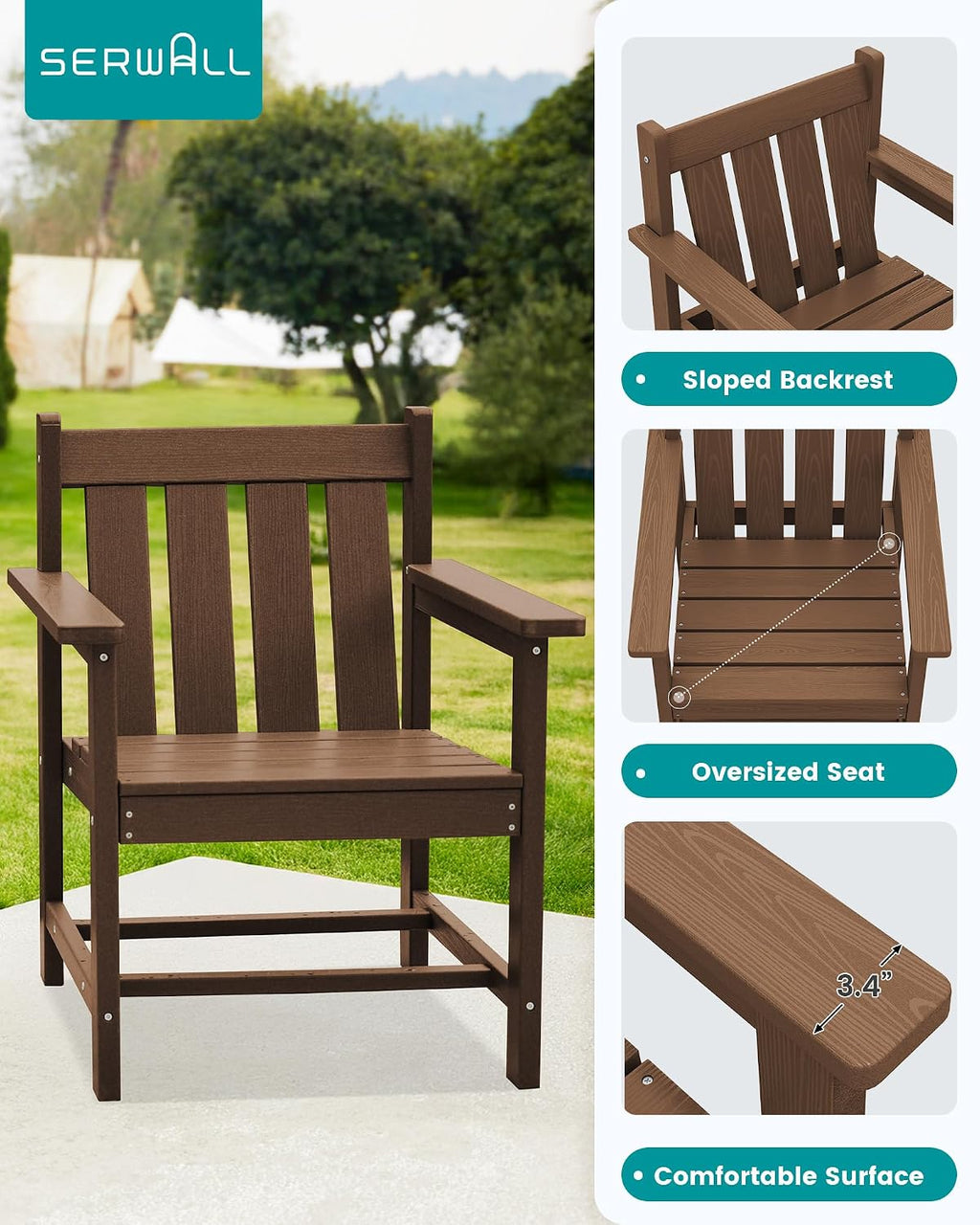 SEWRWALL 3 Pieces Patio Bistro Set, All Weather Adirondack Chair Set with Side Table, HDPE Material Outdoor Patio Furniture Set for Balcony, Porch, Garden, Backyard- Brown