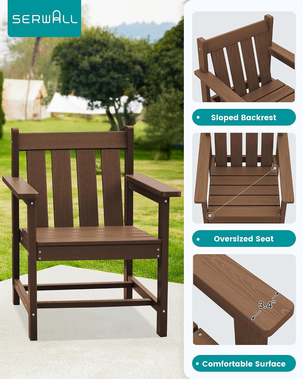 SEWRWALL 3 Pieces Patio Bistro Set, All Weather Adirondack Chair Set with Side Table, HDPE Material Outdoor Patio Furniture Set for Balcony, Porch, Garden, Backyard- Brown