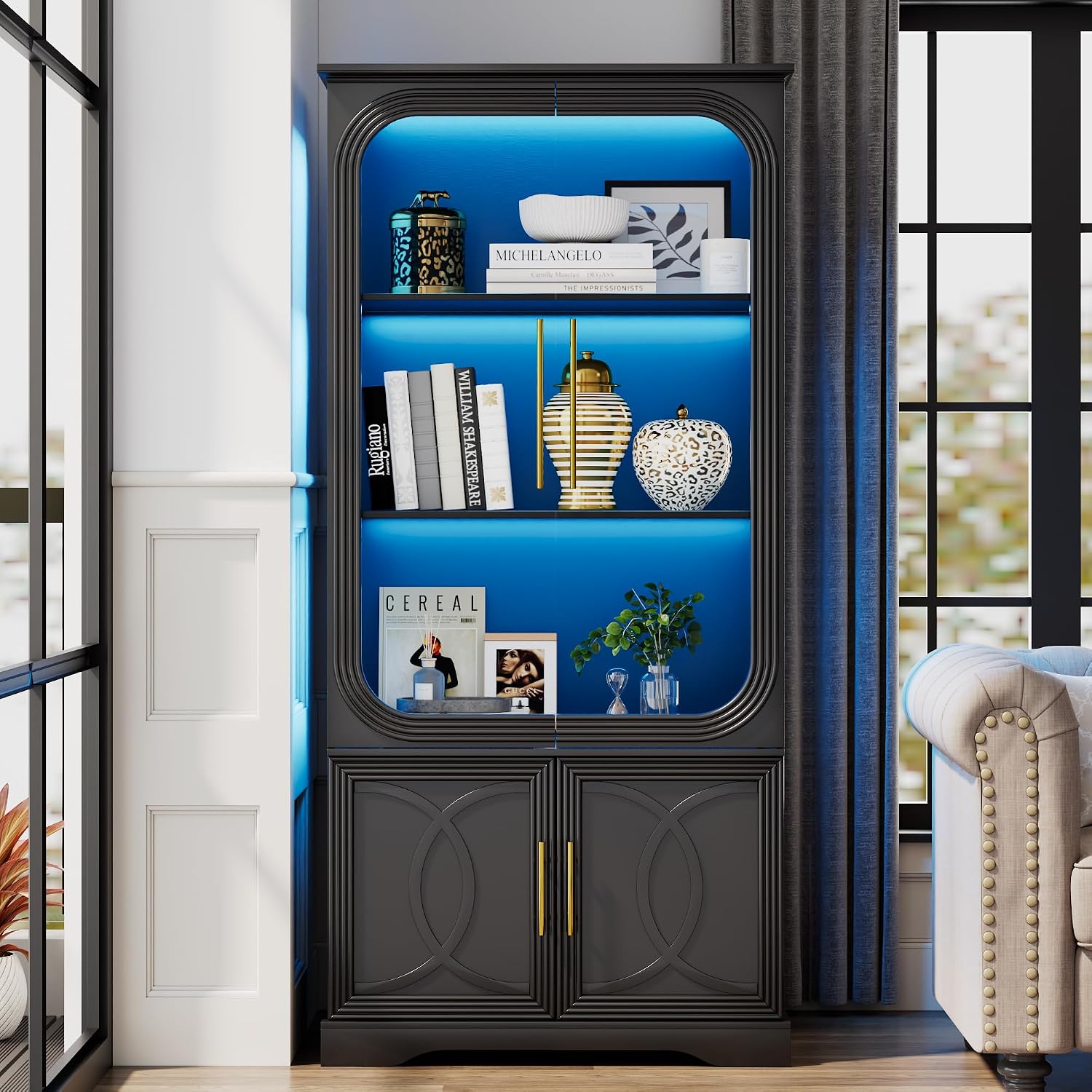 69' Tall Display Cabinet with Glass Doors, Curio Cabinet with 3 LED Lights and Human Body Sensor, Glass Display Case with Storage Cabinet for Living Room, Black