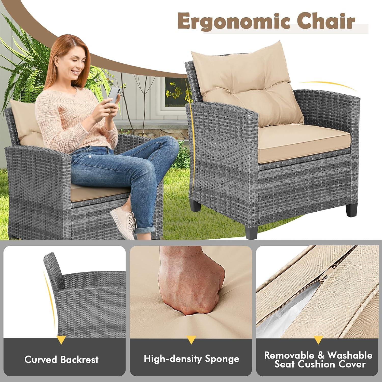 Tangkula 3 Pieces Wicker Patio Furniture Set, Outdoor Rattan Conversation Cushioned Chair Set with Tempered Glass Side Table, for Porch, Balcony and Garden