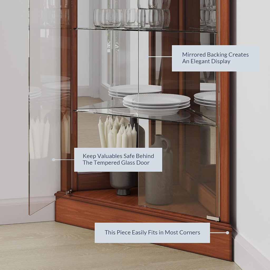 BELLEZE Lighted Corner Display Curio Cabinet Wooden Shelving Unit with Tempered Glass Door, Bar and Liquor Storage Area with 6 Shelves - Woody (Oak)