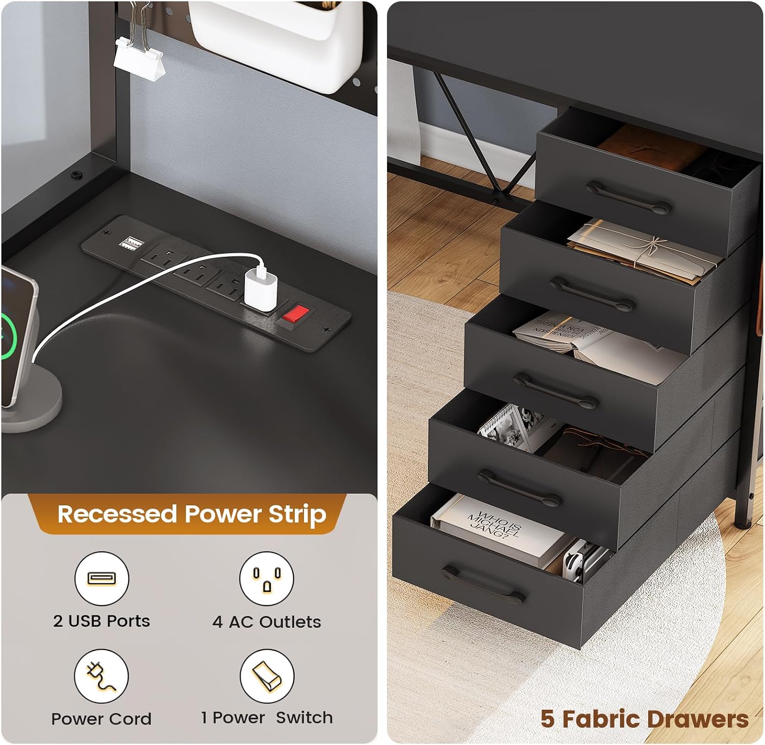 SEDETA L Shaped Gaming Desk with Drawers, L Shaped Computer Desk with Hutch and Storage Shelves, Gaming Desk with Pegboard, Led Lights, and Power Outlet, Home Office Desk, Corner Desk, Black