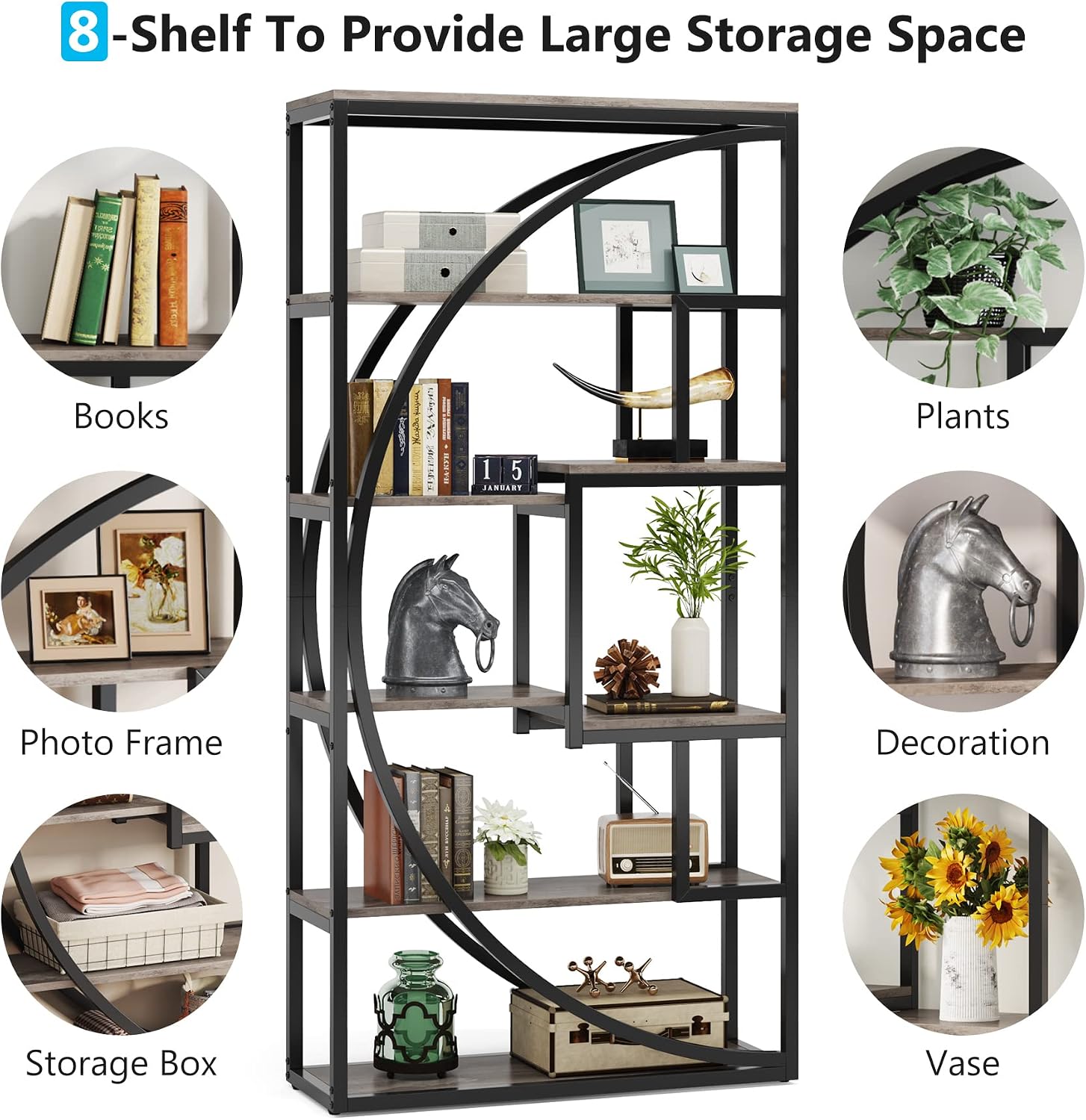 Tribesigns Bookshelf, Industrial 5-Tier Etagere Bookcase, 70.8 inch Tall Bookshelf with 8 Open Storage Shelf, Book Shelf Display Tack Shelving Unit for Home Office Living Room, Vintage Grey
