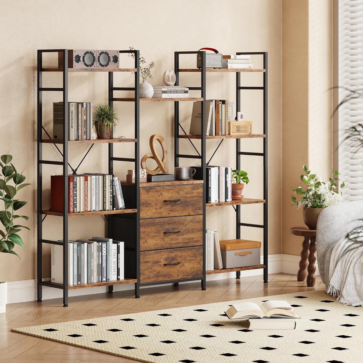 AFLUI Triple Bookshelf with 3 Fabric Drawers, 4-Tier Book Shelf and 10 Display Shelves, Industrial Large Bookcase for Home & Office, Rustic Brown, 59'' Wide