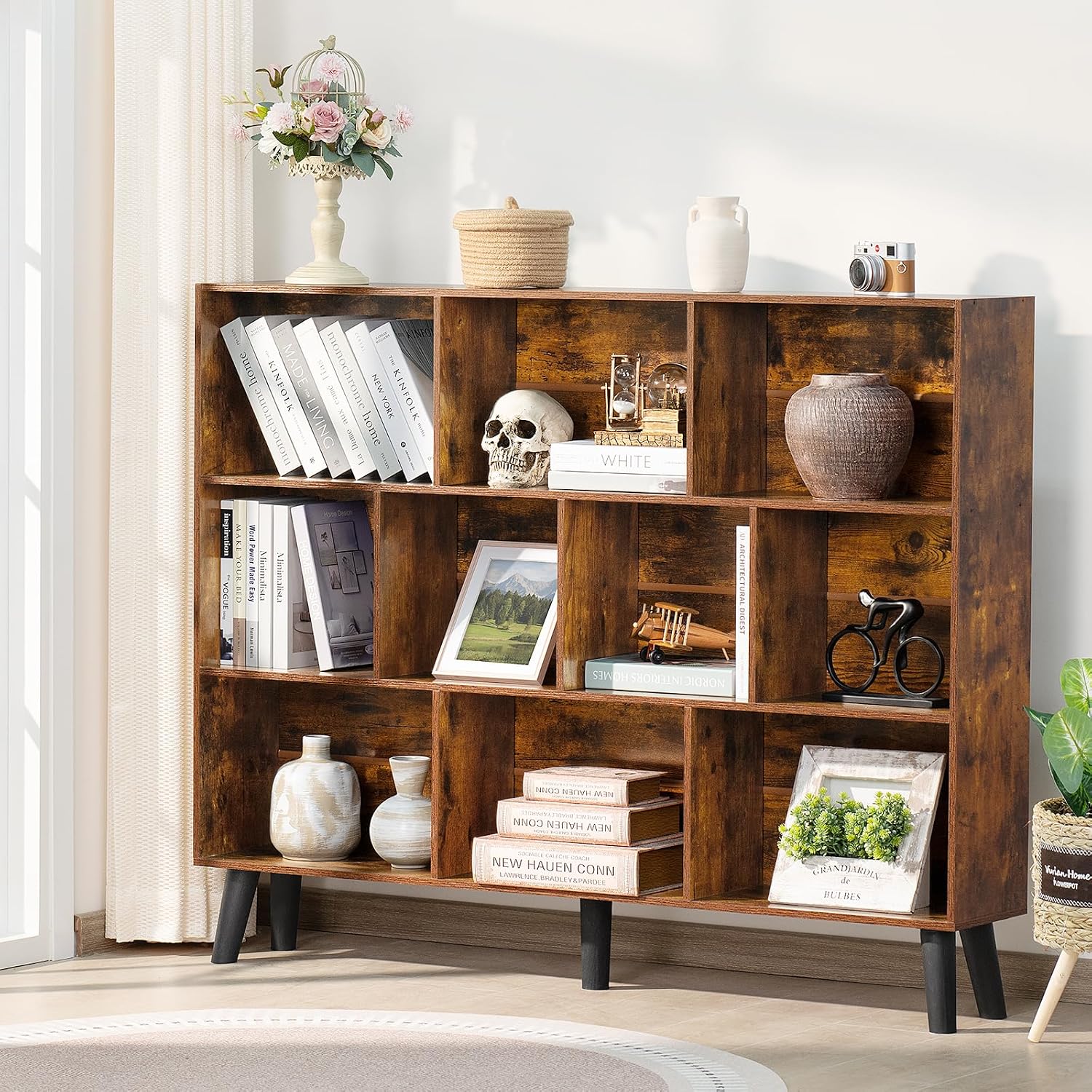 LEYAOYAO 10 Cube Bookshelf, 3 Tier Vintage 55.12' Wide Bookcase with Legs, Mid-Century Wood Bookshelves Storage, Brown Large Book Case, Freestanding Organizer Display Shelf for Living Room, Office