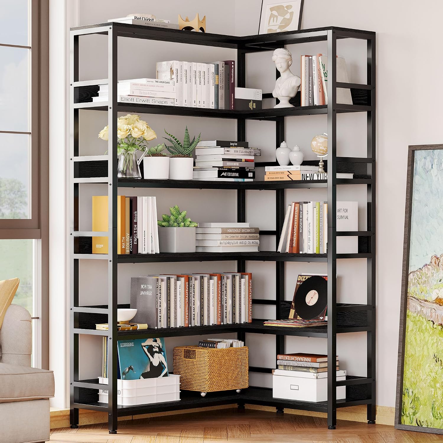 IRONCK Corner Bookshelf 6 Tiers, Industrial Corner Bookcase with Baffles Etagere, L Shaped Bookshelves with Metal Frame, Corner Shelf Storage Rack for Living Room Home Office