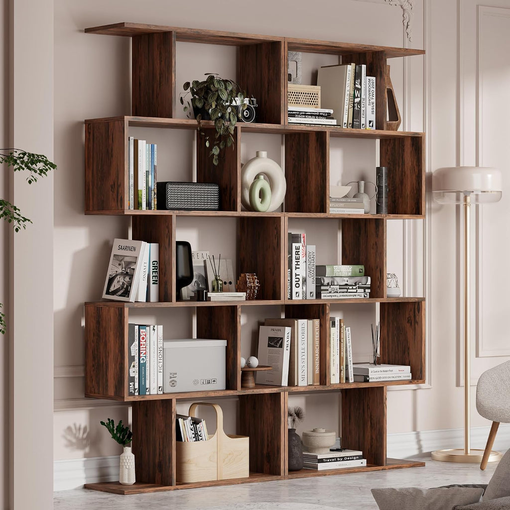 Cozy Castle Set of 2 Geometric Bookcase, S-Shaped Modern Bookshelf, Room Divider Bookshelf, 62' Tall Unique Abstract Bookcase with 5-Tier Display Shelf for Living Room Office, Rustic Brown