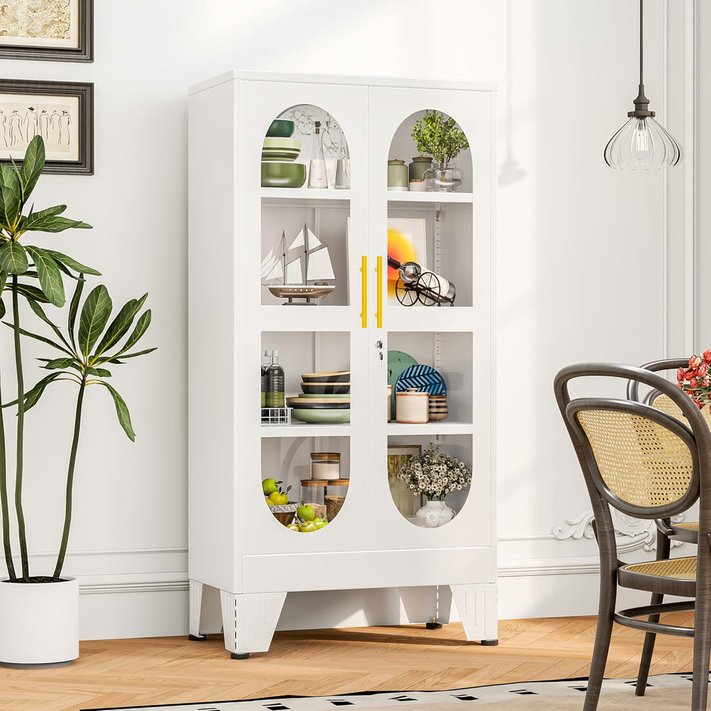 GAIOUS 47' Tall Metal Curio Cabinet, Display Storage Cabinet with Glass Door, 4 Tier Liquor Cabinet with 3 Adjustable Shelves, Locking Glass Display Case for Collectibles, Showcase Cabinets, White