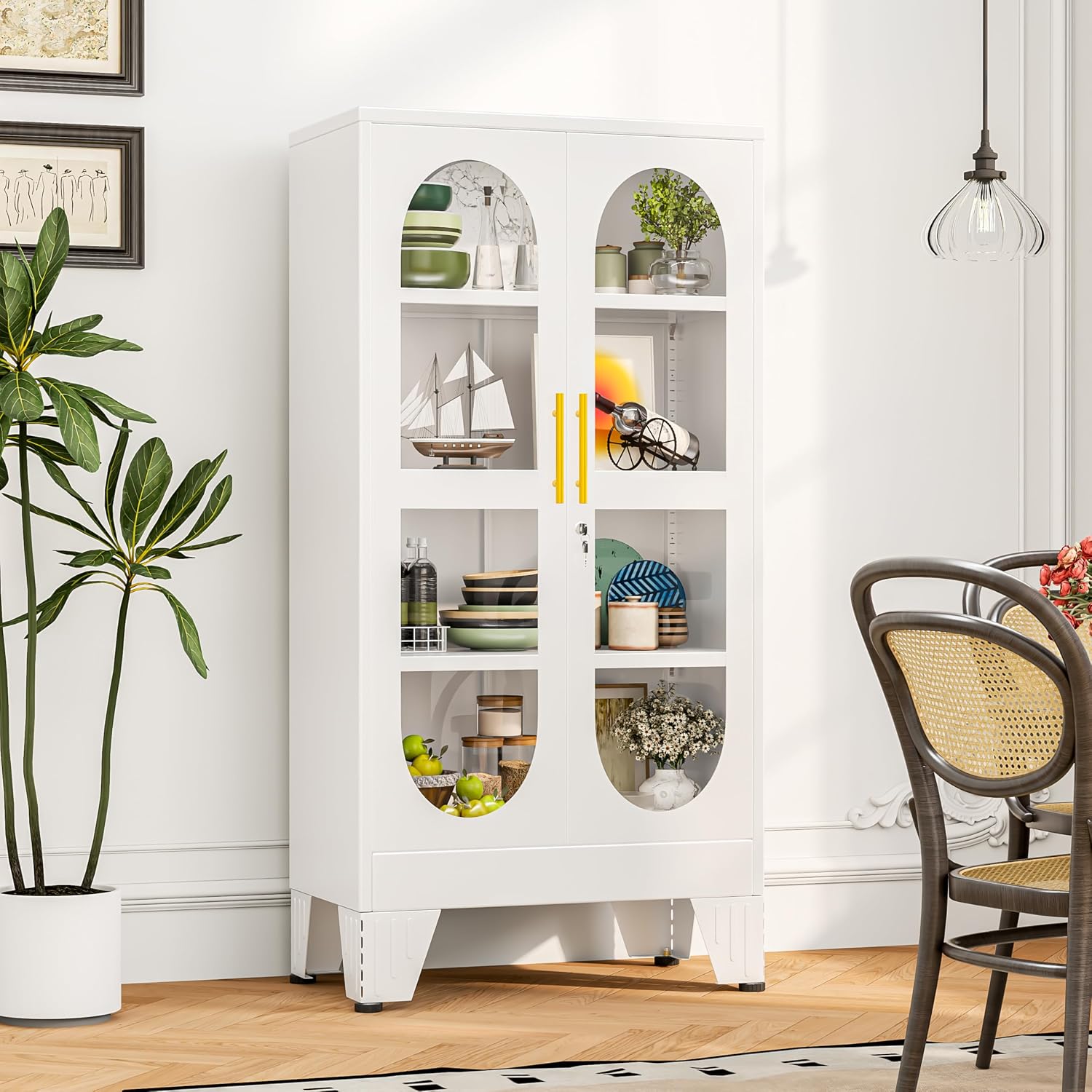 GAIOUS 47' Tall Metal Curio Cabinet, Display Storage Cabinet with Glass Door, 4 Tier Liquor Cabinet with 3 Adjustable Shelves, Locking Glass Display Case for Collectibles, Showcase Cabinets, White