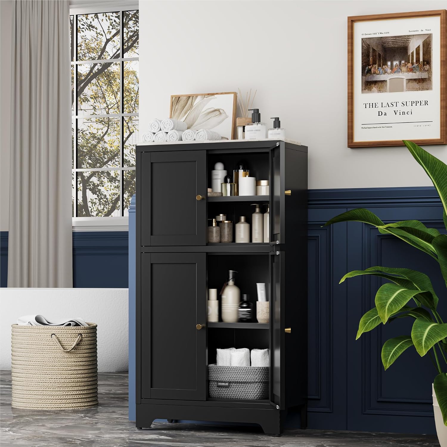 YAUWOH Bathroom Floor Cabinet, Metal Storage Cabinet with 2 Adjustable Shelves & 4 Doors,Freestanding Sideboard for Dining Room,Living Room, Home Office(1PC,Black)