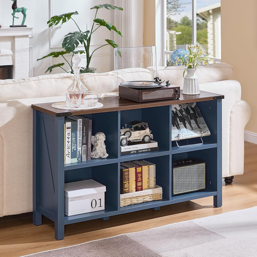 Joaxswe 6 Cube Bookcase, Farmhouse Wood Low Storage Organizer Book Shelf, 47' Horizontal Navy Blue Console Bookshelf with Legs, Hallway Book Case for Entryway, Display Cabinet for Living Room, Office