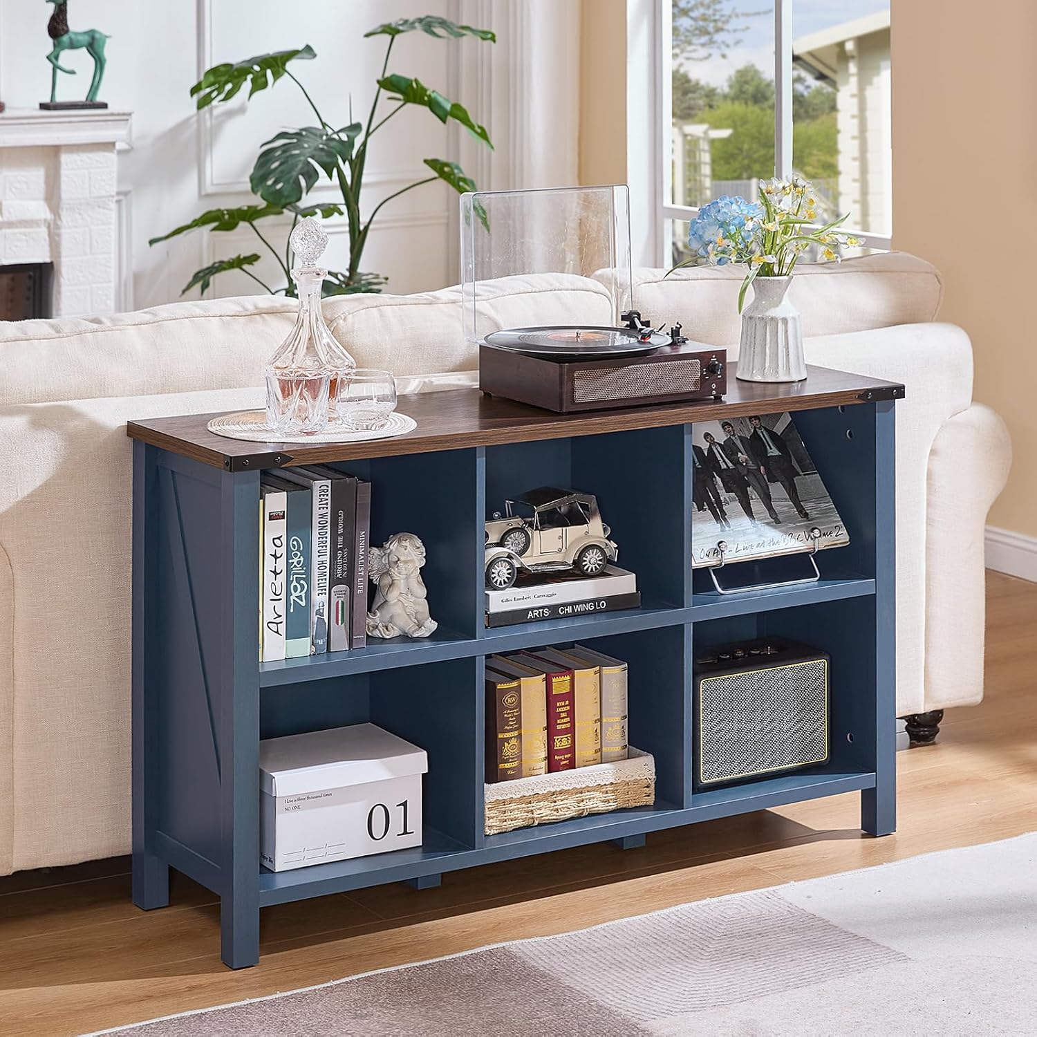 Joaxswe 6 Cube Bookcase, Farmhouse Wood Low Storage Organizer Book Shelf, 47' Horizontal Navy Blue Console Bookshelf with Legs, Hallway Book Case for Entryway, Display Cabinet for Living Room, Office