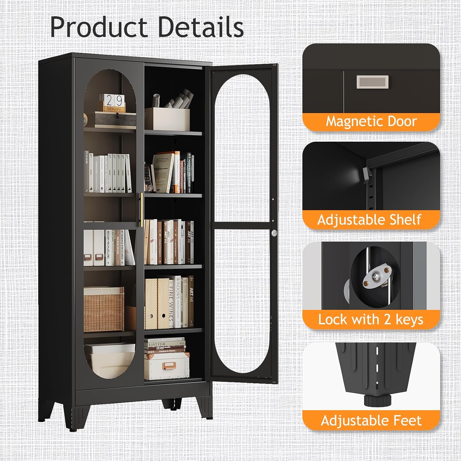 PAOFIN 71' H Locking Display Cabinet with Glass Door, Metal Curio Cabinets with 4 Adjustable Shelves, Tall Liquor Cabinet Display Case for Living Room, Collectibles, Home - Assembly Required Black