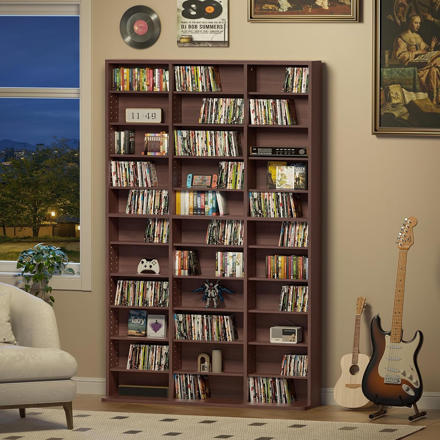 11 Tier Tall Display Cabinet, Walnut Media Storage Cabinet with Adjustable Shelves, Free Standing DVD Organizer Shelf, Floor multimedia storage manga bookshelf for Living Room & Home Office.