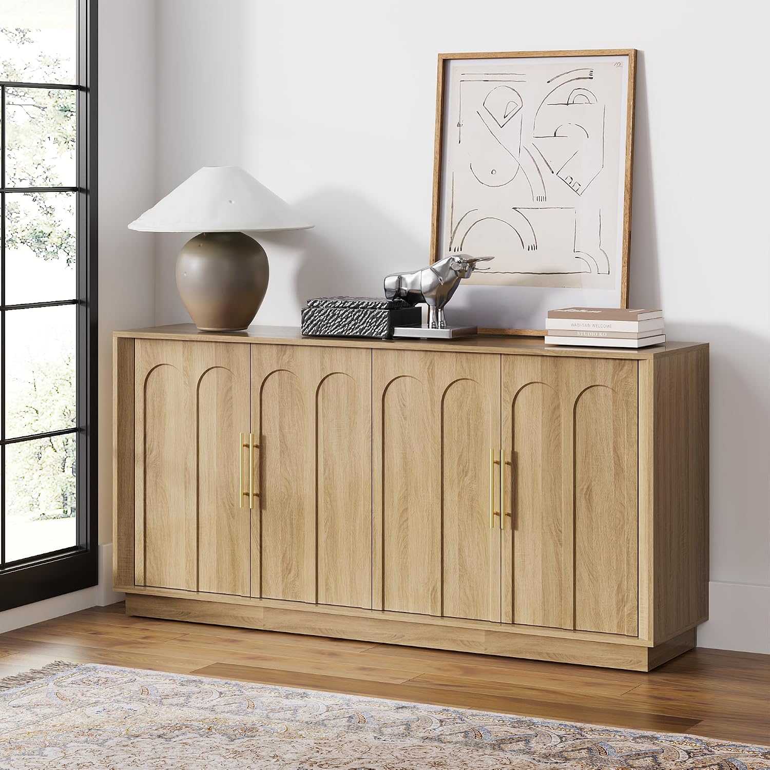 FORTUNETEC Sideboard Buffet Cabinet with Storage, Modern Accent Cabinet with Arched Doors, Boho Modular Media Console, 67' Large Minimalist Credenza for Living Room Kitchen Dining Room Entryway, Oak