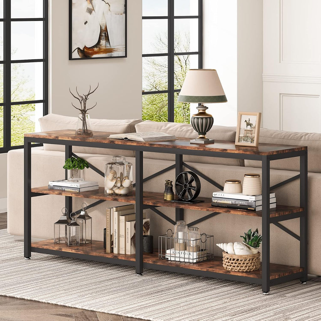 Tribesigns 70.9 Inch Extra Long Console Table, Modern Sofa Table Behind Couch Table with Storage Shelves, 3-Tier Industrial Hallway Entryway Table for Living Room, 3 Shelf Bookshelf(Brown)