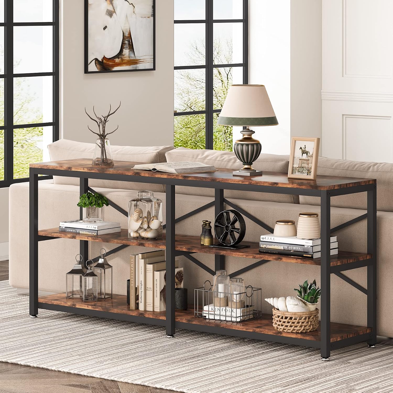 Tribesigns 70.9 Inch Extra Long Console Table, Modern Sofa Table Behind Couch Table with Storage Shelves, 3-Tier Industrial Hallway Entryway Table for Living Room, 3 Shelf Bookshelf(Brown)