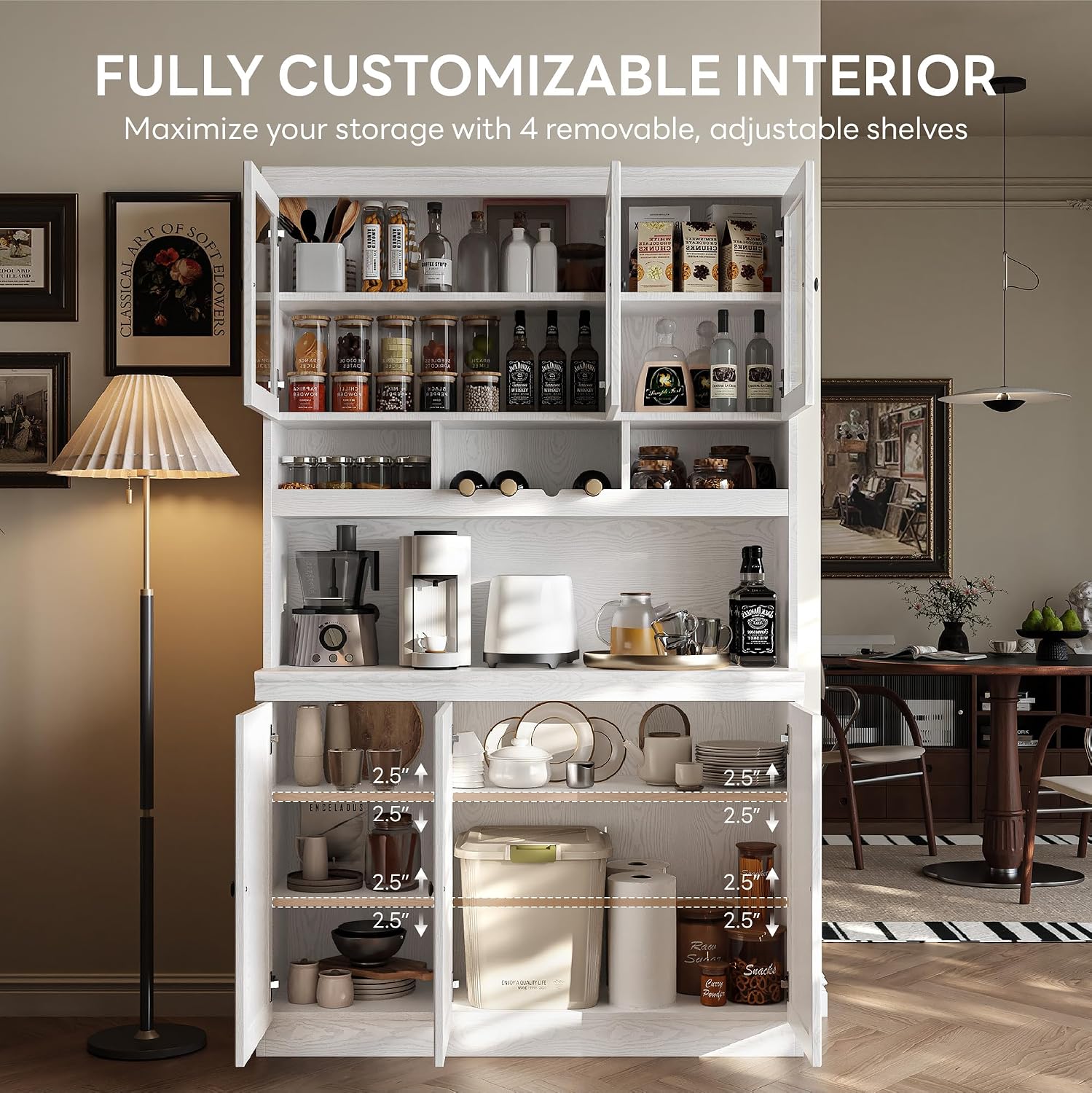 LIKIMIO 74.8' China Cabinet with Glass Doors, Tall Kitchen Pantry, Storage Cabinet with Microwave Stand, 4 Adjustable Shelves, Wine & Glass Station, Modern Display Cabinet for Home Living Room, White