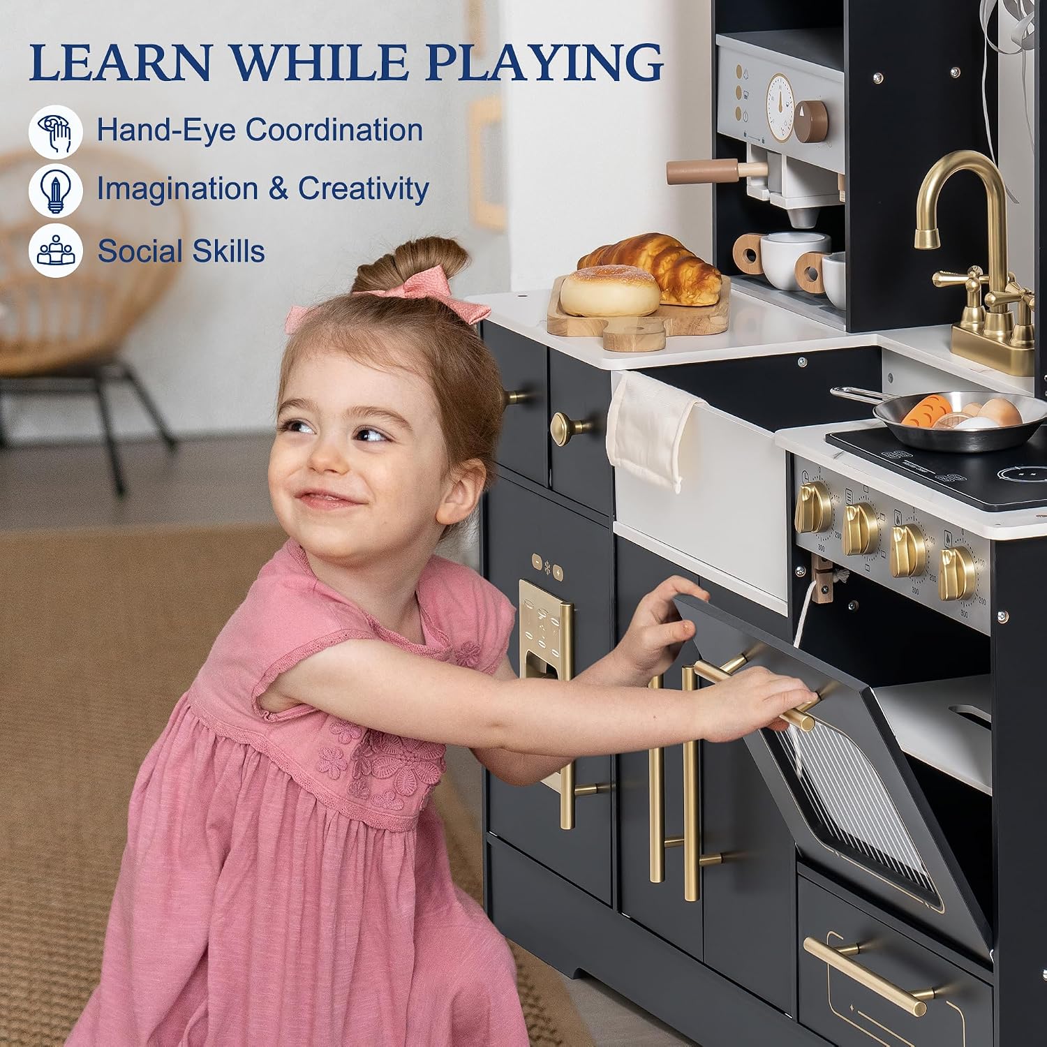 ROBOTIME Wooden Play Kitchen for Kids, Toddler Kitchen Playset with Ice Maker and Coffee Machine, Realistic Kids Play Kitchen Toy Gift for Girls & Boys Ages 3+ Black