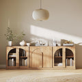 BELLEZE Modular Cabinet 3-Piece Set Sideboard, Modern Wood Buffet Arched Cabinet and 2 Display Glass Door Storage, Freely Configurable Credenza Console for Living Room Kitchen, Camel