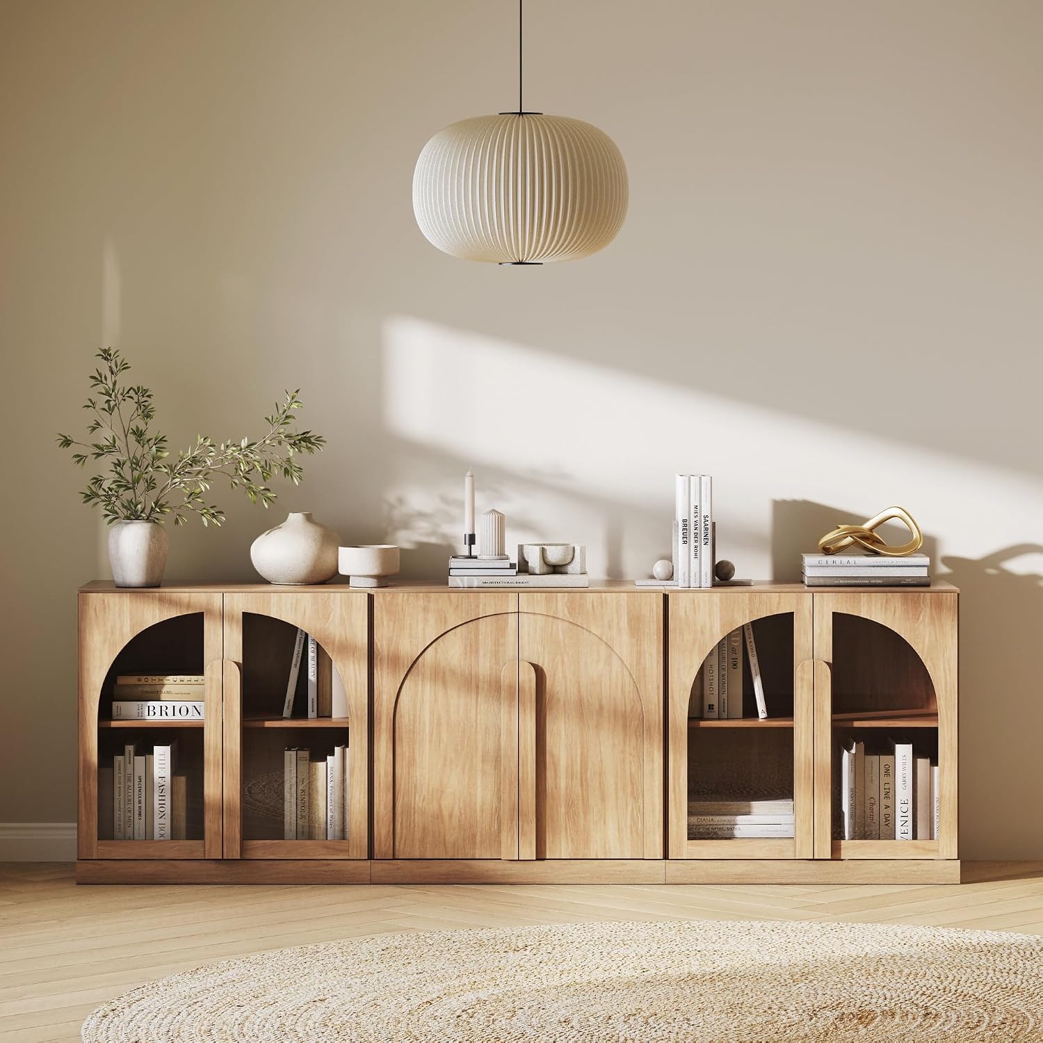 BELLEZE Modular Cabinet 3-Piece Set Sideboard, Modern Wood Buffet Arched Cabinet and 2 Display Glass Door Storage, Freely Configurable Credenza Console for Living Room Kitchen, Camel