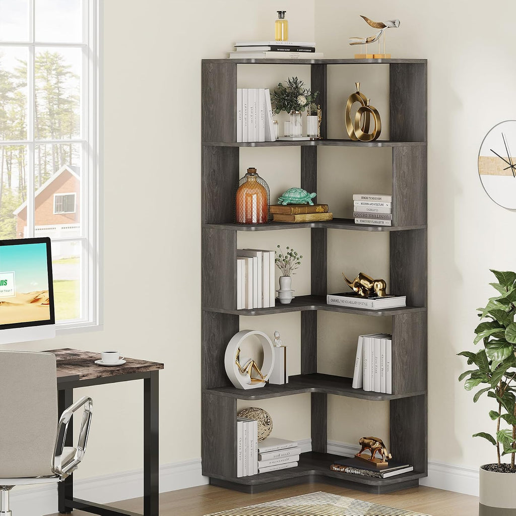 Tribesigns 6-Tier Corner Bookshelf, 64.9 Inches Tall Corner Bookcase with Anti-Drop Panel, Modern Freestanding Shelf Display Rack Storage Organizer for Home Office, Living Room, Grey