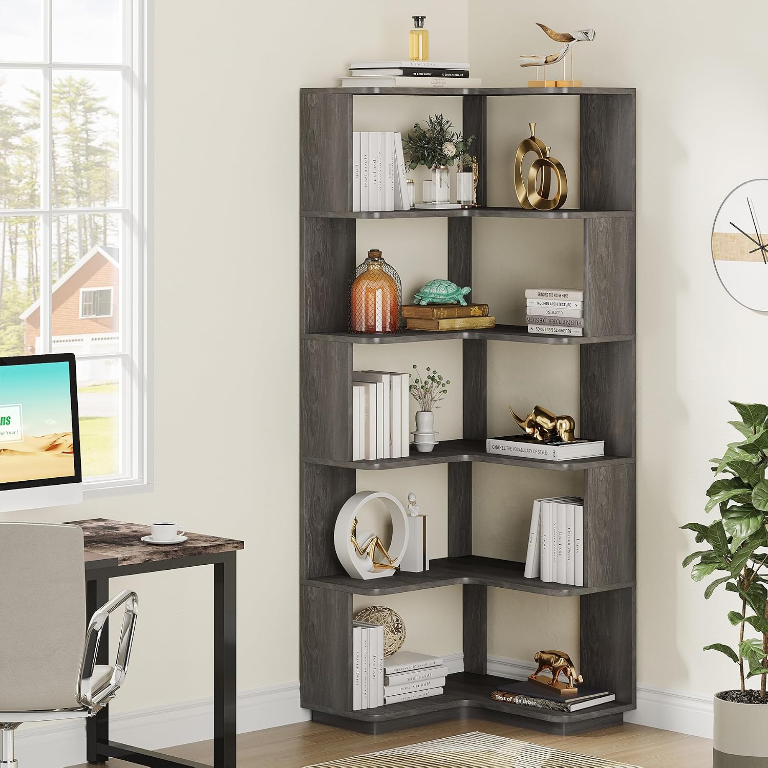 Tribesigns 6-Tier Corner Bookshelf, 64.9 Inches Tall Corner Bookcase with Anti-Drop Panel, Modern Freestanding Shelf Display Rack Storage Organizer for Home Office, Living Room, Grey