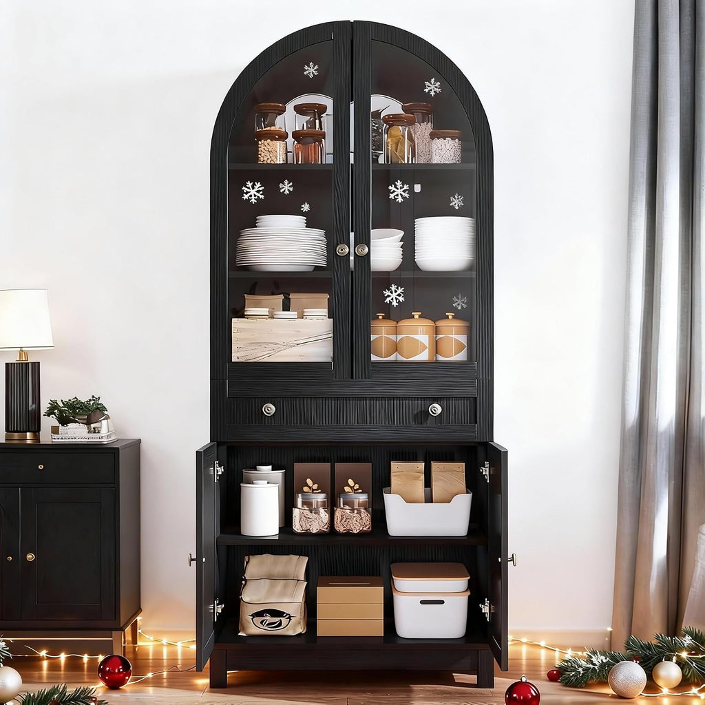 DWVO Arched Pantry Cabinet, 71' Tall Glass Door Display Storage Cabinets W/Drawer & Adjustable Shelves, Farmhouse Versatile Cupboard Bookshelf for Kitchen Dining Living Room, Black