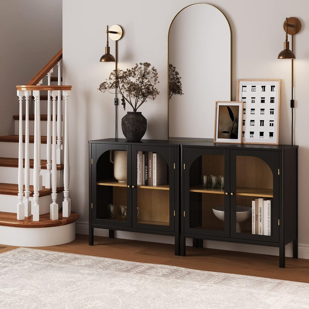 Nathan James Mason Storage Cabinet Accent Sideboard Buffet Credenza TV Stand with Glass Doors and Adjustable Shelf in Black Wood for Dining Room, Entryway and Living Room, Clear Glass/Black, Set of 2