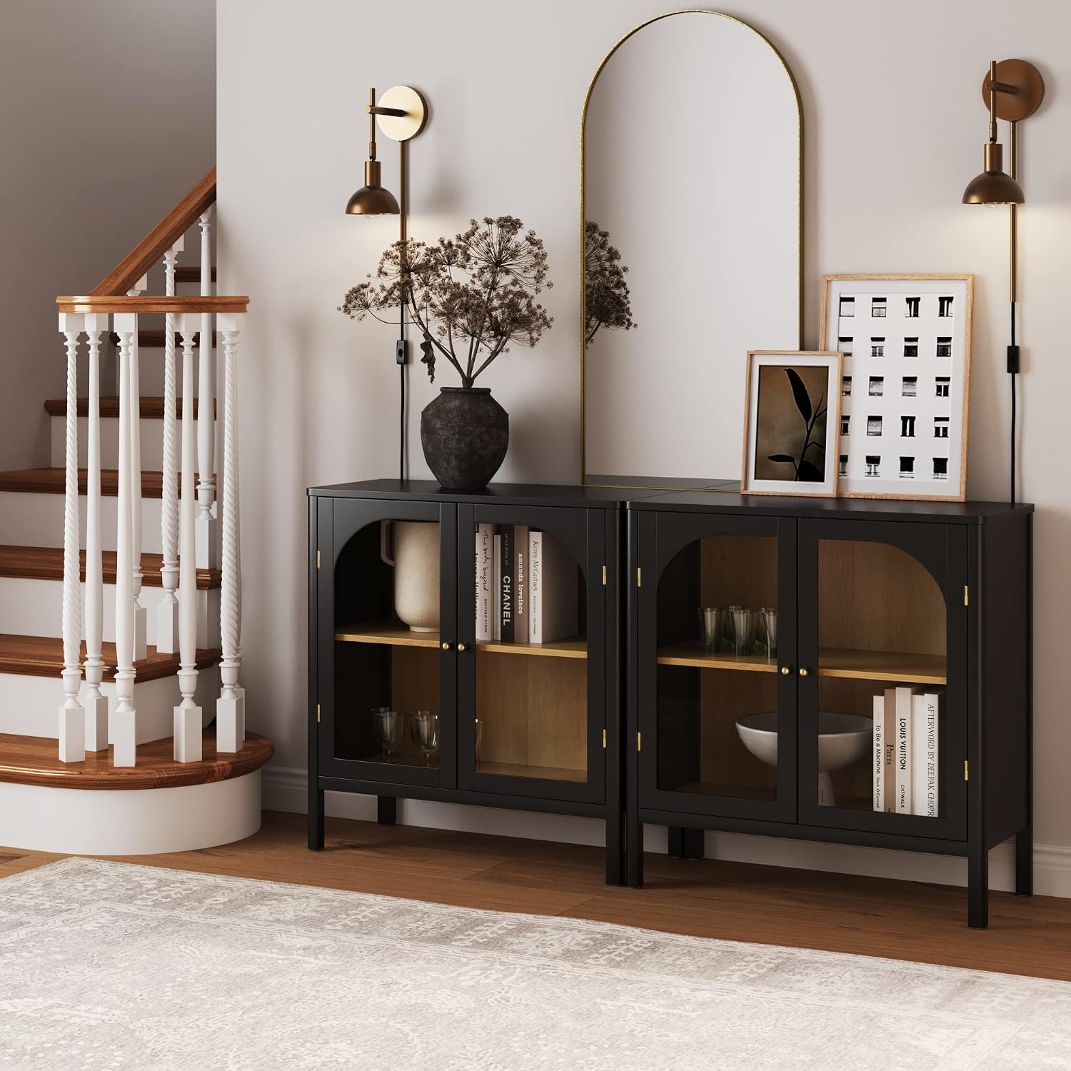 Nathan James Mason Storage Cabinet Accent Sideboard Buffet Credenza TV Stand with Glass Doors and Adjustable Shelf in Black Wood for Dining Room, Entryway and Living Room, Clear Glass/Black, Set of 2