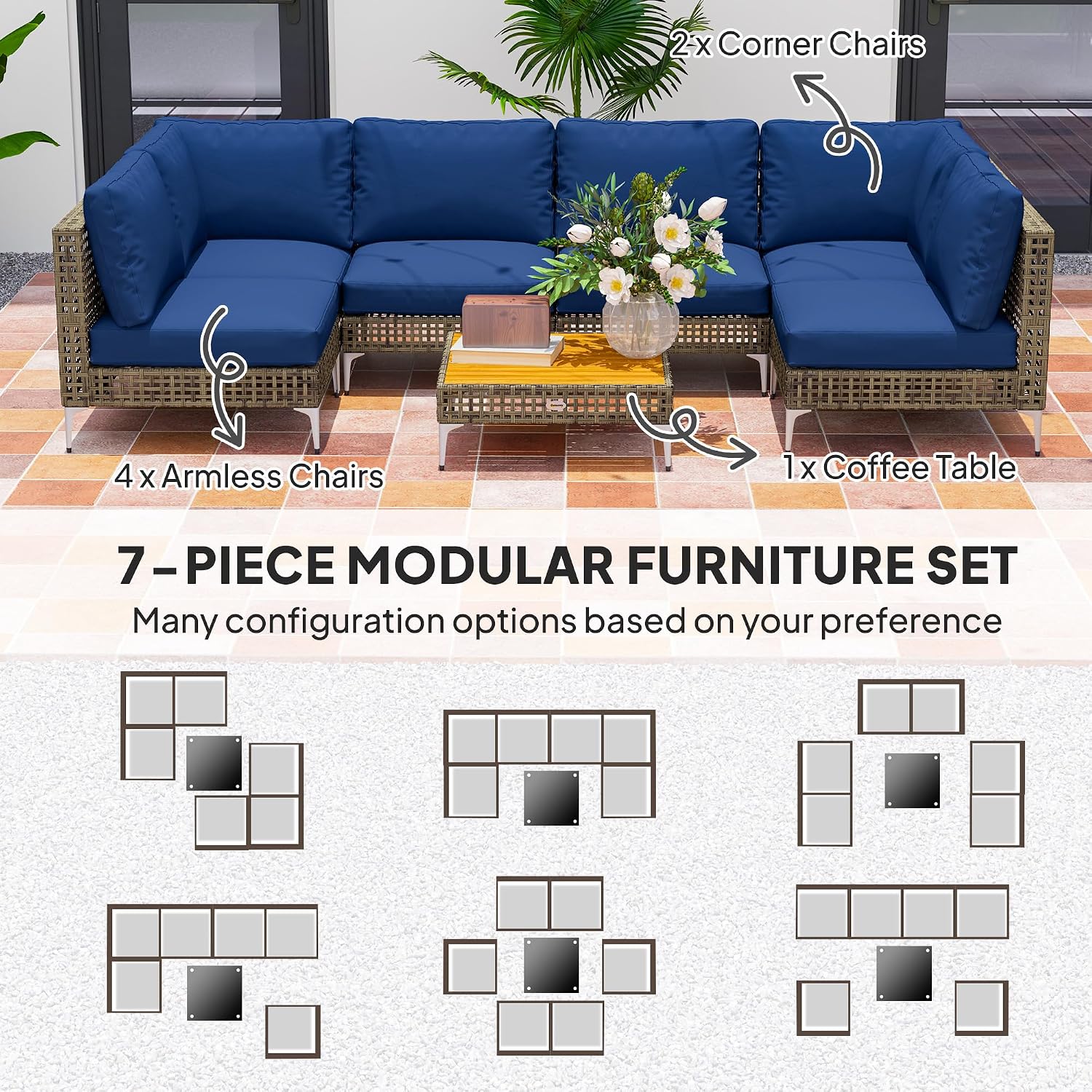 Outsunny 7 Piece Wicker Patio Furniture Set, Modular Outdoor Sectional with Thickened Cushions, Rattan Outdoor Furniture Conversation Set with Slatted Acacia Wood Table for Backyard, Brown/Dark Blue