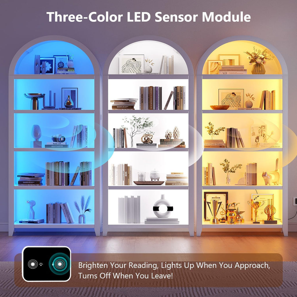 Arch Bookcase - 5 Tiers Bookshelf with 3 Colors LED Sensor Lights and Thickened Wooden Design Display Shelf for Lego Books Bathroom Living Room - Ideal Gift (White)