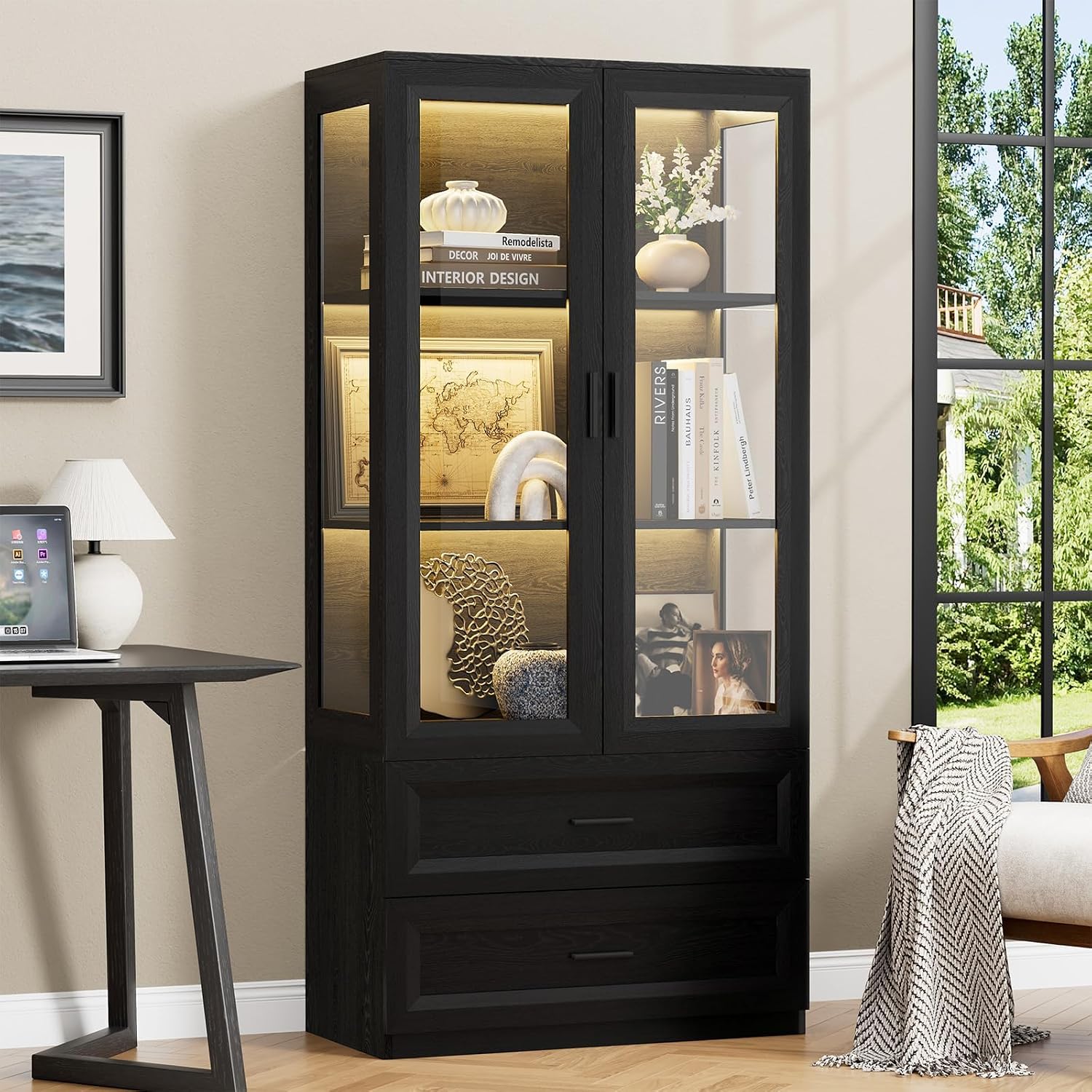 BROTTAR Display Cabinet with LED Lights, Curio Storage Cabinet with Acrylic Doors & 2 Drawers, 67' Bookcase Display Case for Collectibles, Human Body Sensor, Home Office, Living Room, Black