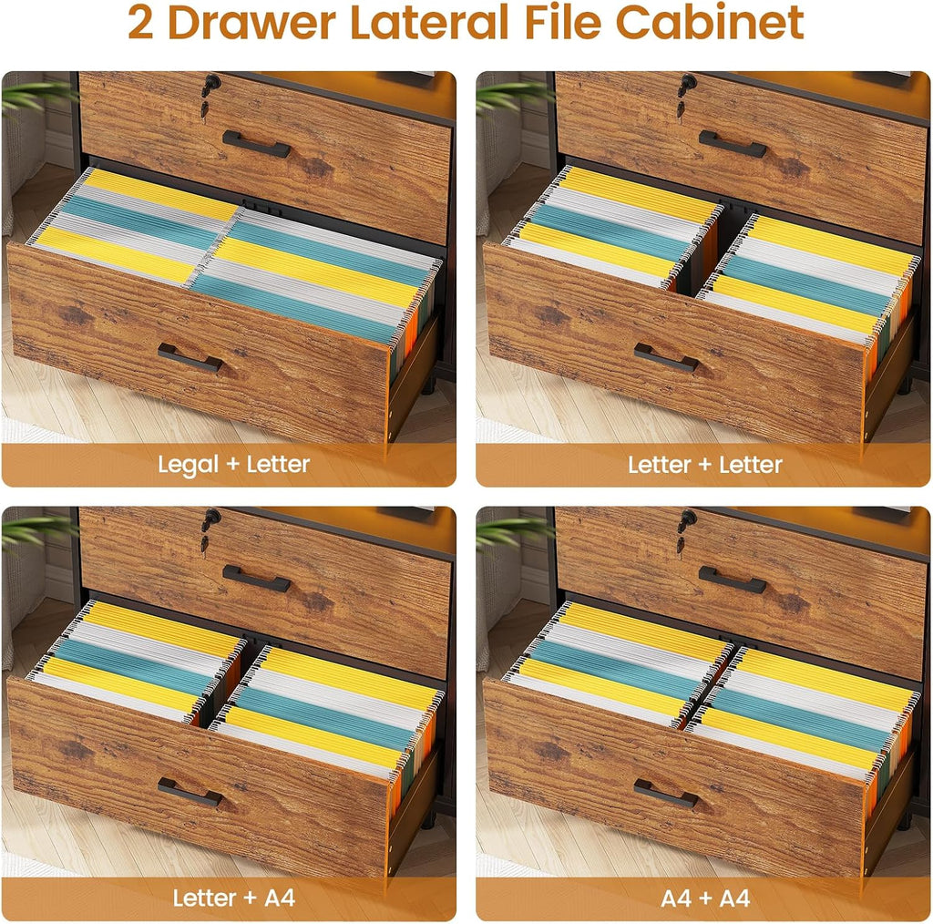 SEDETA 59' File Cabinet, 2 Drawers Filing Cabinets for Home Office fit Legal/Letter/A4 File, File Cabinet with Lock & Power Outlets, Printer Stand with Storage & LED Lights, Rustic Brown