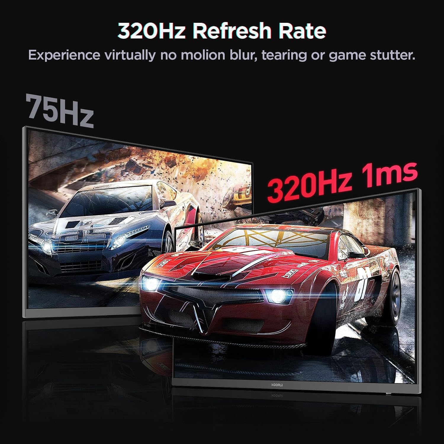 KOORUI 27 Inch Gaming Monitor, 1440p 320Hz Fast IPS PC Monitor, 1ms, HDR400, 98% DCI-P3, PIP/PBP Mode, Adaptive Sync Compatible, Ergonomic Stand, HDMI 2.1 & DisplayPort 1.4, VESA Mountable, G2721E