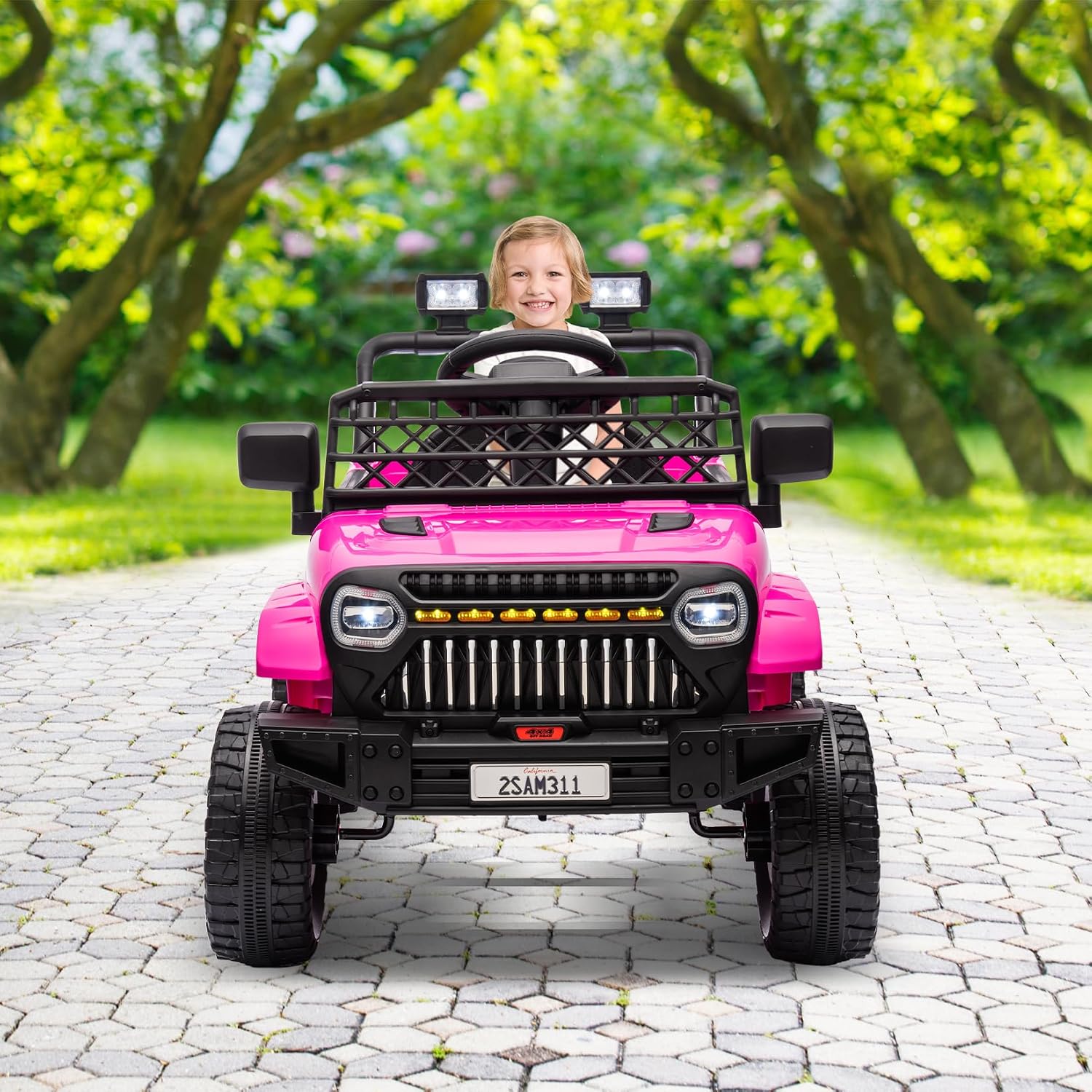 12V Ride On Car for Kids Electric Vehicle Toddlers Battery Powered Truck Car Toy with Remote Control, 4-Wheel Suspension, Battery Display, LED Lights, Music, for Boys Girls, Rose Red