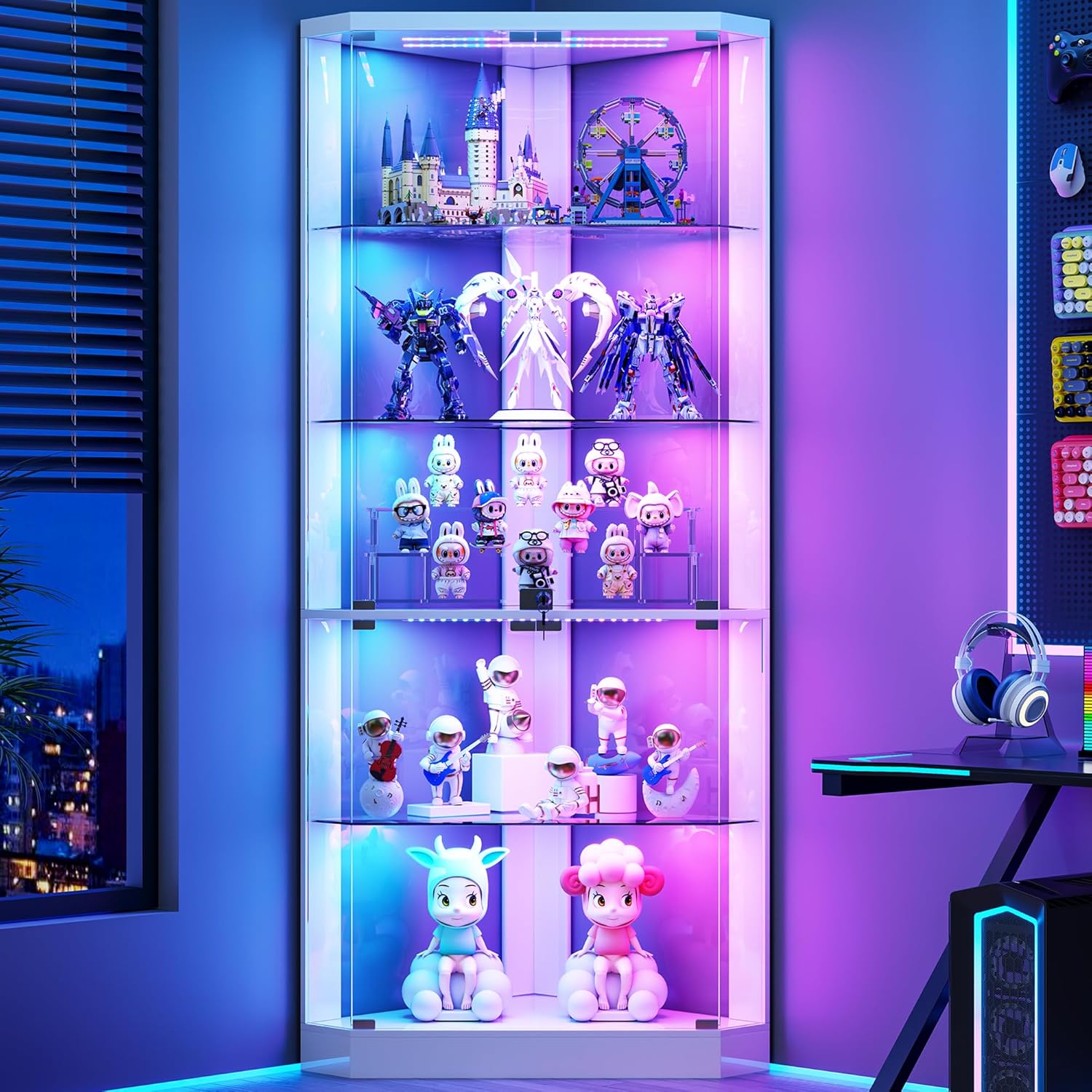 Lvifur Corner Display Cabinet with RGB Lights,5-Tiers Curio Cabinet Display Case with Lock,69' Tall Showcase Display Shelf for Collectibles, Living Room Bookcase Storage Cabinet,White
