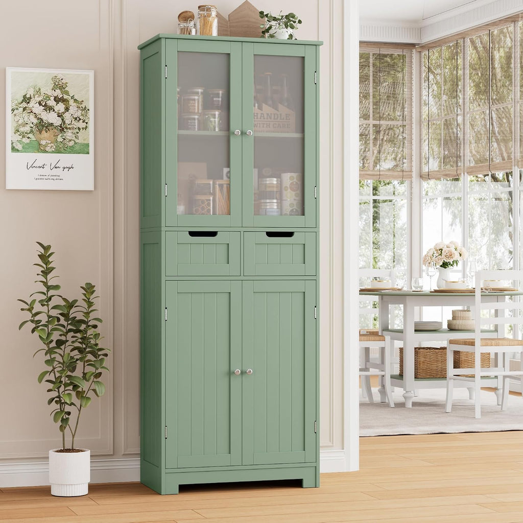 HORSTORS 67' Tall Bathroom Storage Cabinet, Freestanding Storage Cabinet with Glass Door and Shelves, Kitchen Pantry Linen Cabinet with 2 Drawers for Bathroom, Living Room, Dining Room, Green
