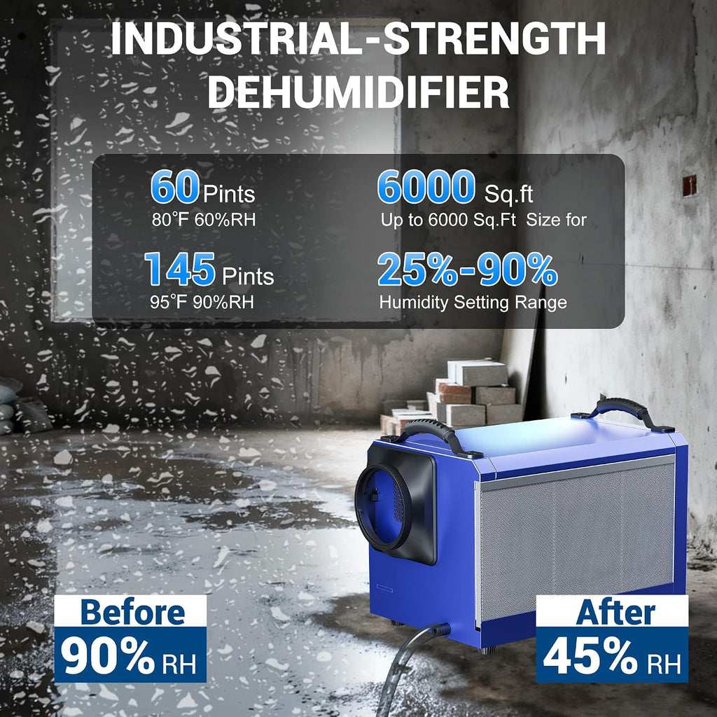 SILVEL 145 Pints Crawl Space Dehumidifier with Drain Hose, Portable Commercial Dehumidifier for Basement and Whole Home, Smart Automatic Defrost, Memory Start, Up to 6000 Sq.Ft, Blue