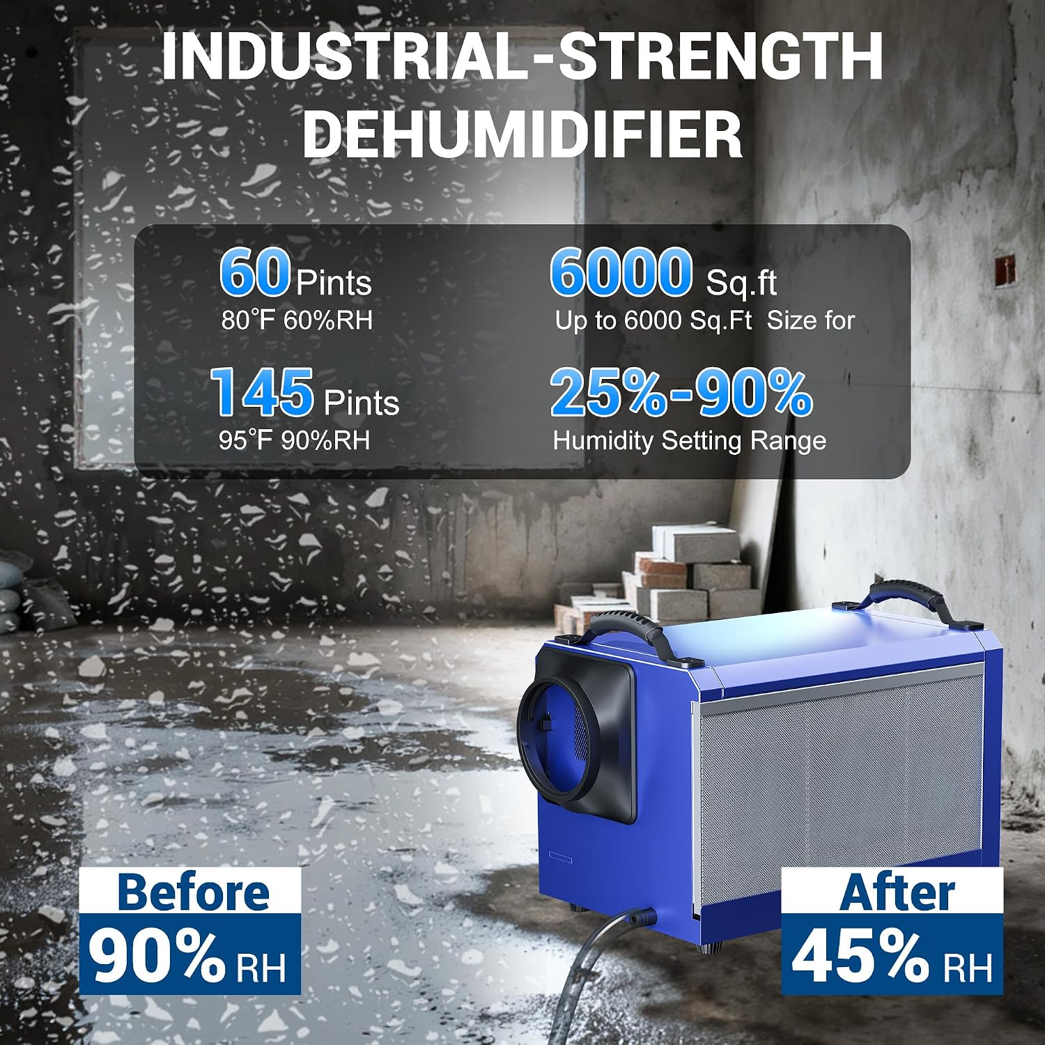 SILVEL 145 Pints Crawl Space Dehumidifier with Drain Hose, Portable Commercial Dehumidifier for Basement and Whole Home, Smart Automatic Defrost, Memory Start, Up to 6000 Sq.Ft, Blue