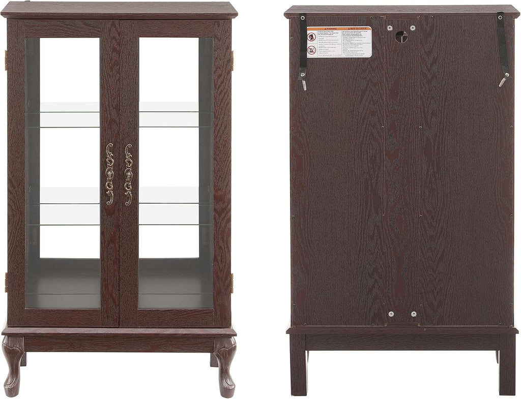43'H Lighted Display Curio Cabinet, 3-Tier Glass Accent Storage Cabinet Curio Showcase w/ 2 Doors & Adjustable Shelves, Wine Artwork Storage Rack w/ Mirrored Back Panel for Living Room (Dark Cherry)