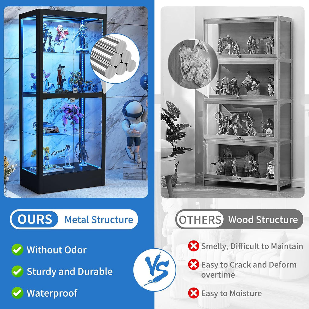 Glass Display Cabinet with 13-Color Light, 63' 4-Tier Curio Cabinet with 4 Glass Doors & Lock, Lighted Display Case with Adjustable Shelves for Collectibles Figures Trophy (Black)